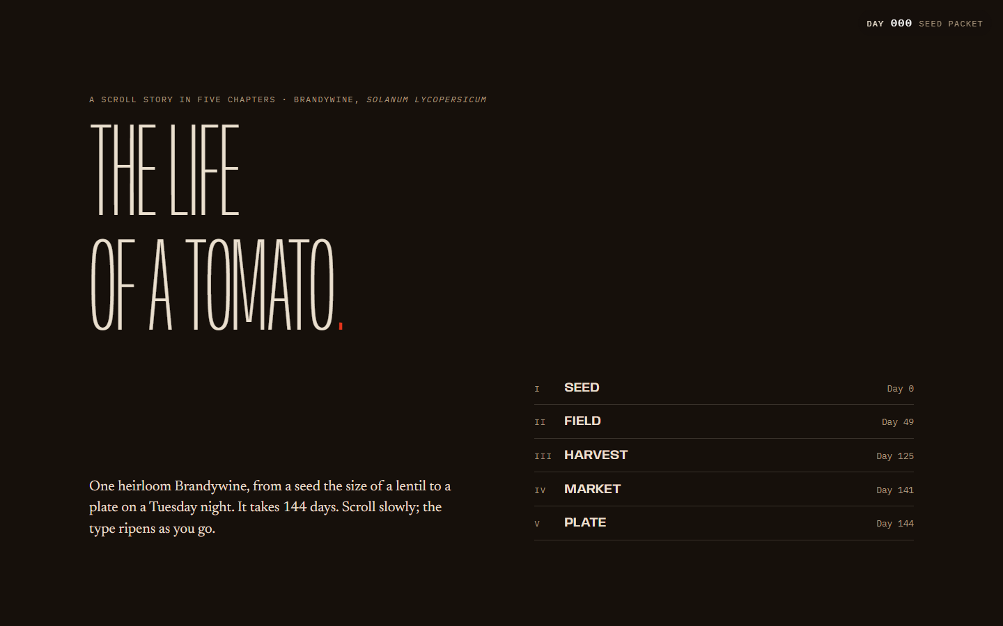 The Life of a Tomato title screen with its five chapters: seed, field, harvest, market, plate